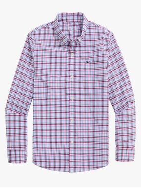Vineyard Vines Boys’ Blue and Red Plaid Featherweight Button-Down Shirt